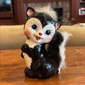 VINTAGE Ceramic Skunk Piggy Bank Real Fur Anthropomorphic Mid-Century MCM Japan